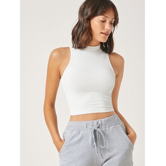High Neck White Crop Tank Top - Picture 1 of 10